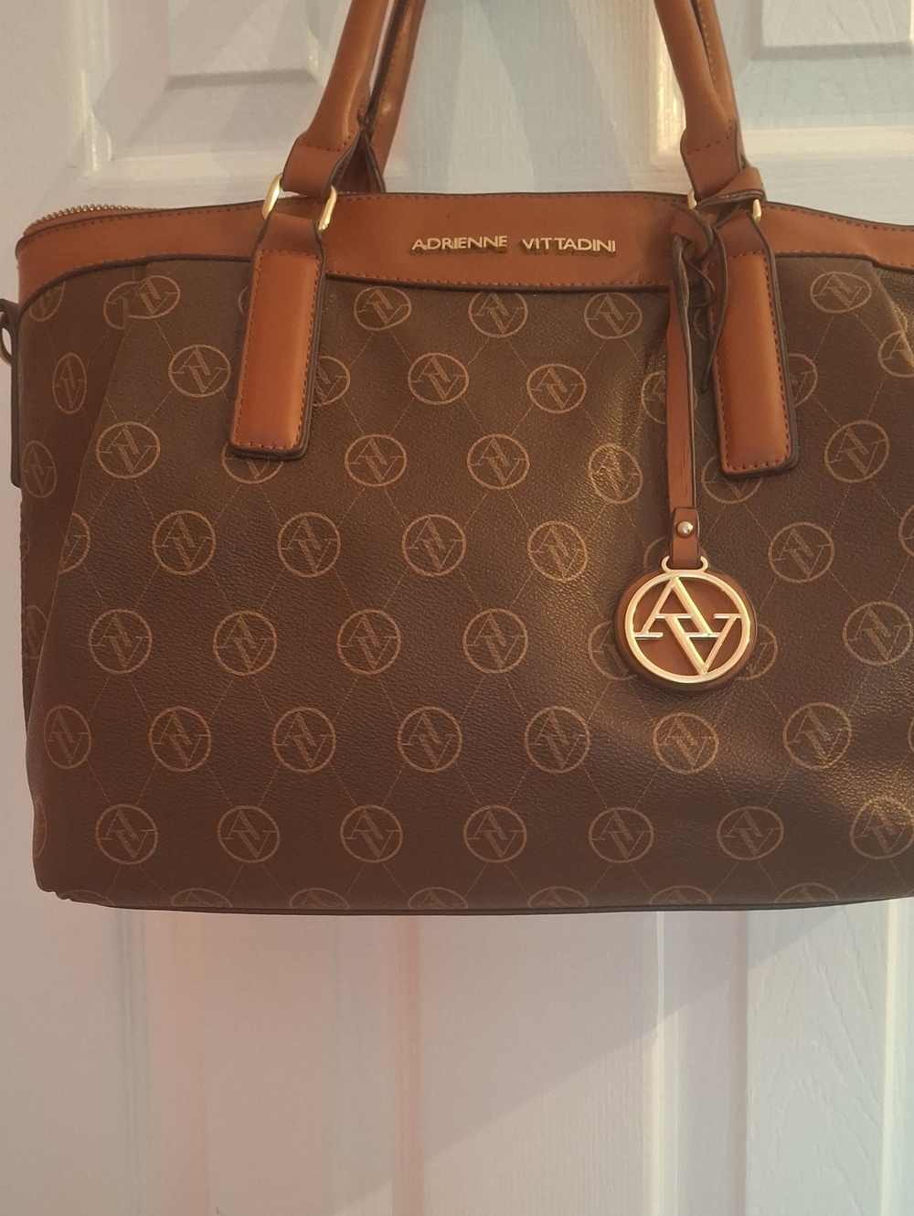 Adrienne Vittadini Brown and Tan Monogram Satchel